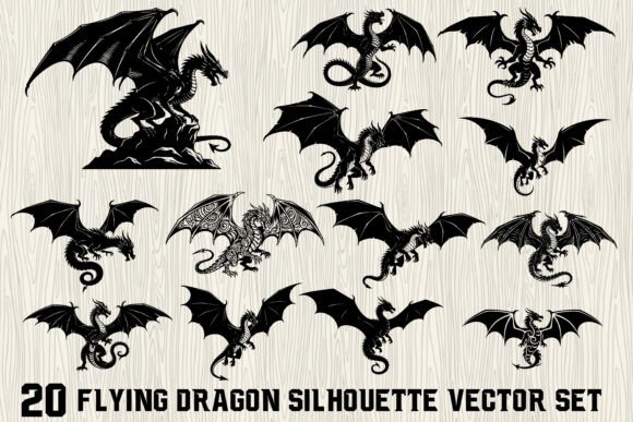 20 Flying Dragon Silhouette Vector Set