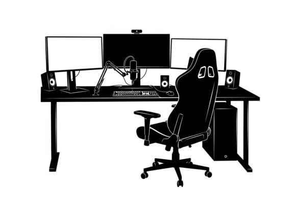 Black Office Workstation with Computer