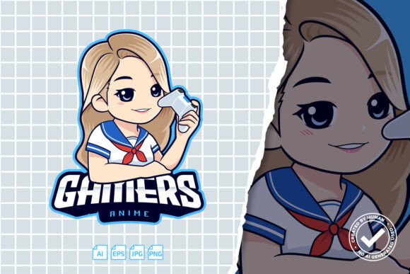 Cute Chibi Anime Gamer Girl Logo Template for eSports and Streaming