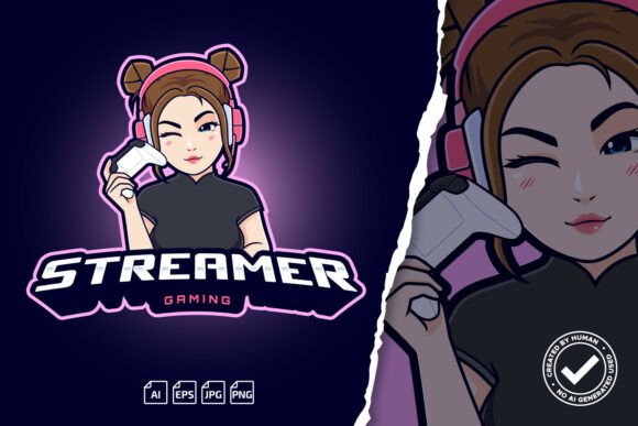 Cute Gamer Girl with Hair Bun Logo