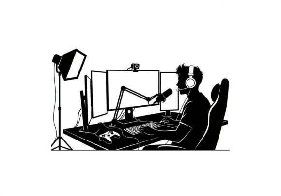 Silhouette of Man at Desk with Computer