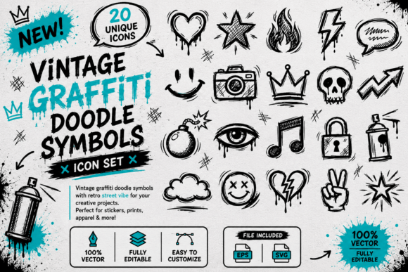 Vintage Graffiti Doodle Symbols Vector: A Bold Collection of Retro Urban Art