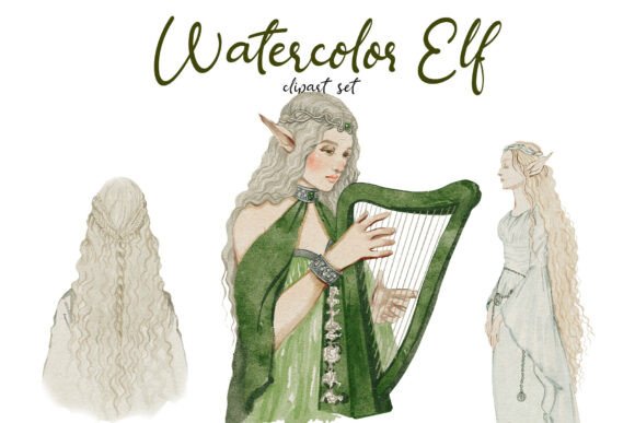 Watercolor Elf Portrait Clipart Set