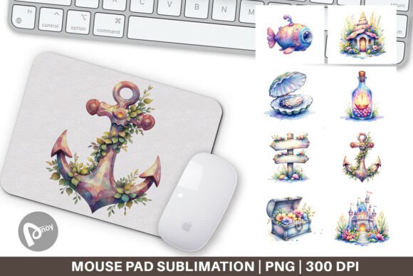Watercolor Ocean Objects Mouse Pad PNG